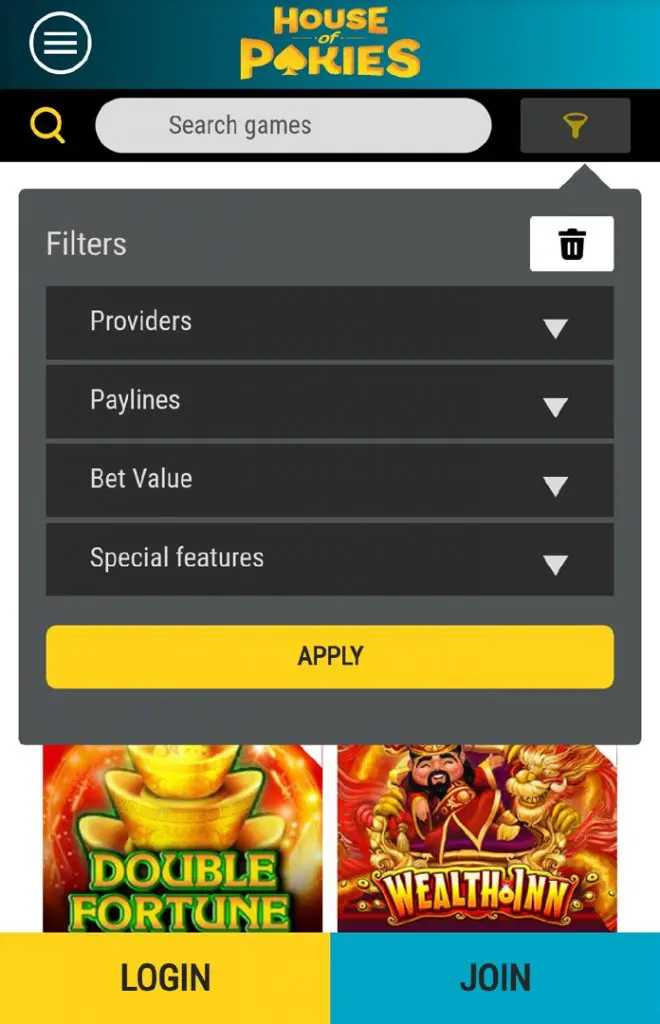 House of Pokies Games Filters