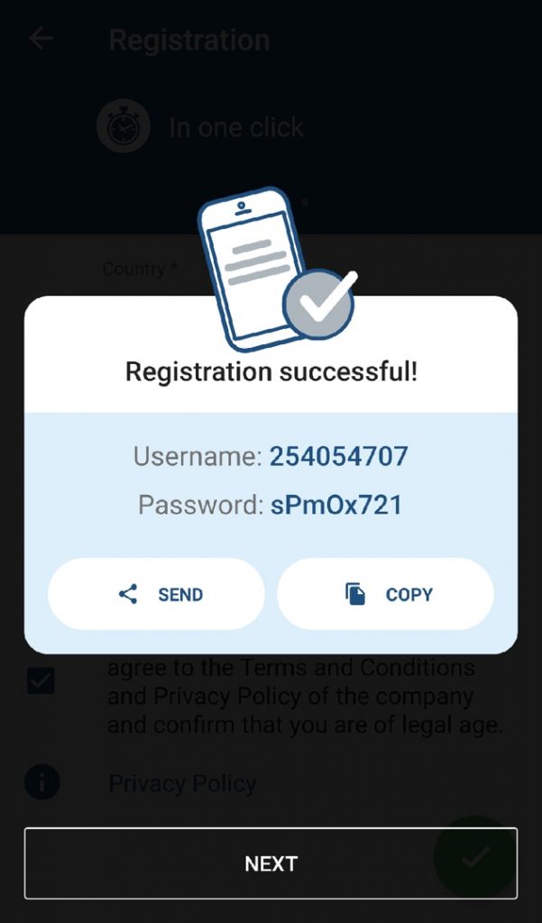 1xbet app registration successful