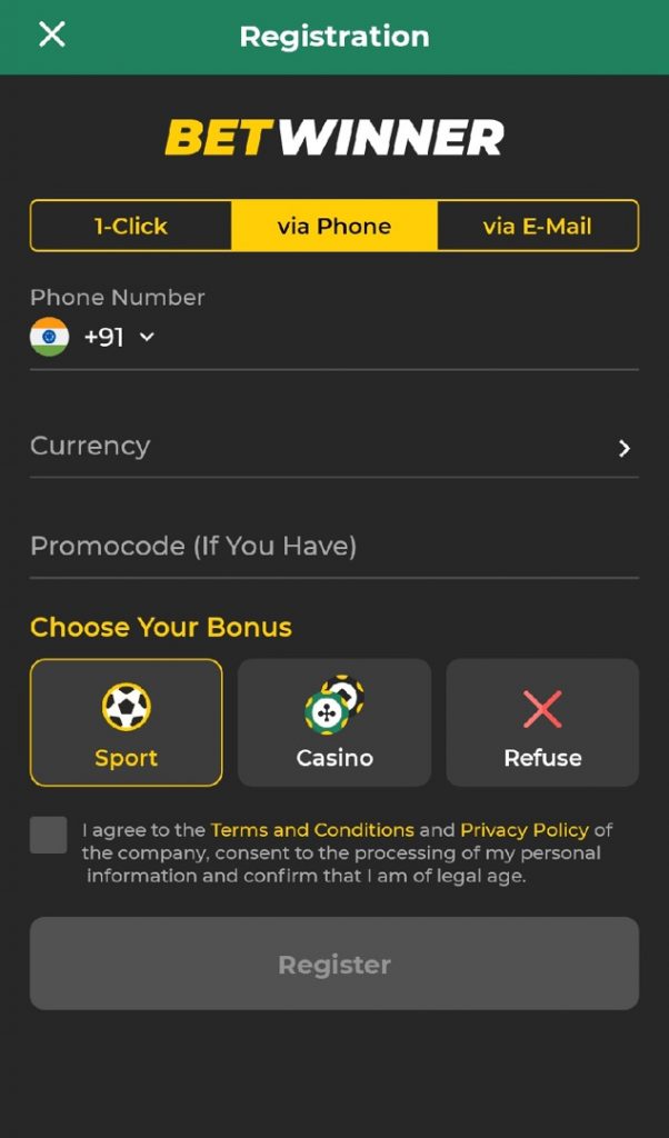 betwinner registration via phone