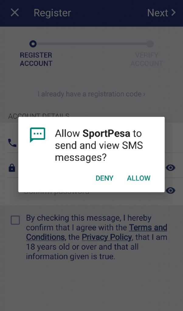Sportpesa registration step two