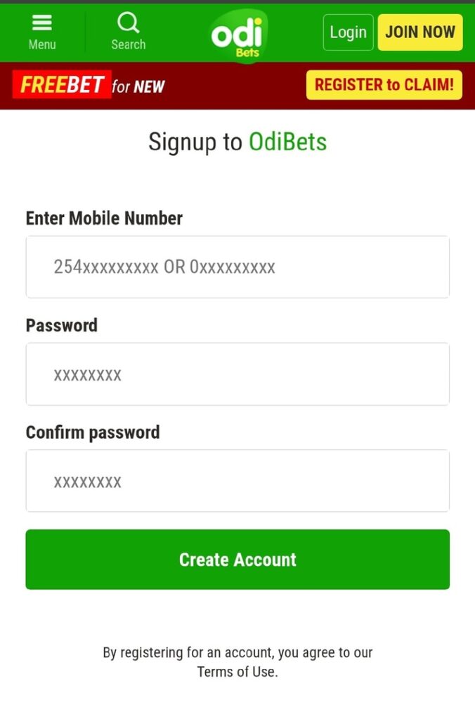 OdiBets registration - create new account